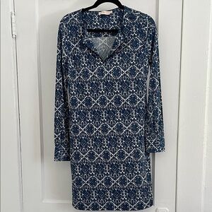 Tory Burch Blue and White Patterned Long Sleeve Silk Dress